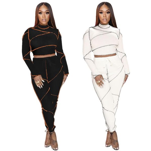 

women's two piece pants fall winter black tracksuits full sleeve crop + skinny pant high waist slim women 2 set matching outfits, White