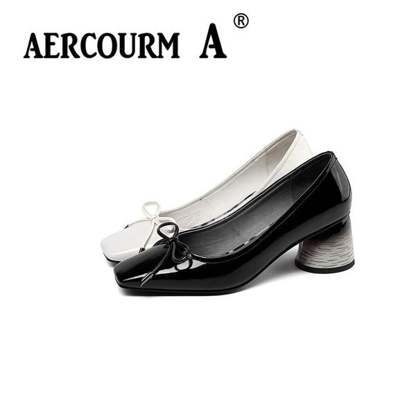 

dress shoes aercourm a 2021 women bow-knot solid color pumps lady patent cow leather square middle heel spring, Black