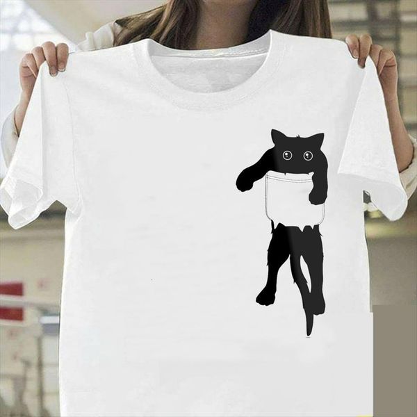 

cat pocket printing tee women t shirts basic casual o neck harajuku summer tees korean hipster white