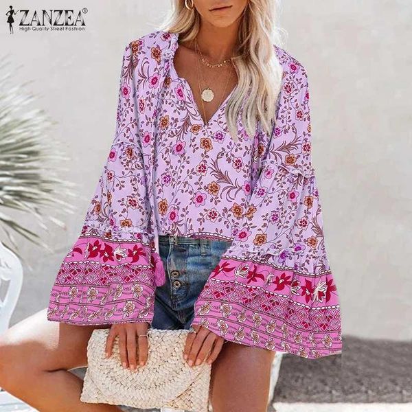 

women's blouses & shirts floral oversized ol chemise bohemian printed blouse women casual long flare sleeve shirt v neck tassel, White