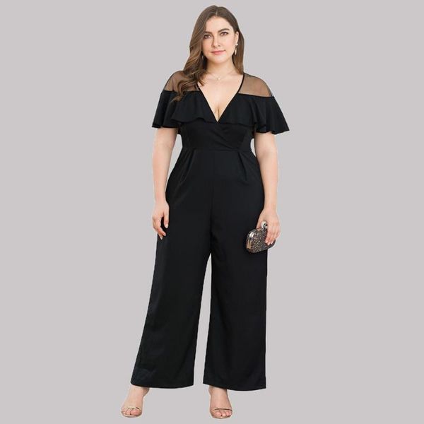 

women's jumpsuits & rompers plus size deep v neck ruffle sheer mesh shoulder long wide leg pants black jumpsuit playsuit romper dungare, Black;white