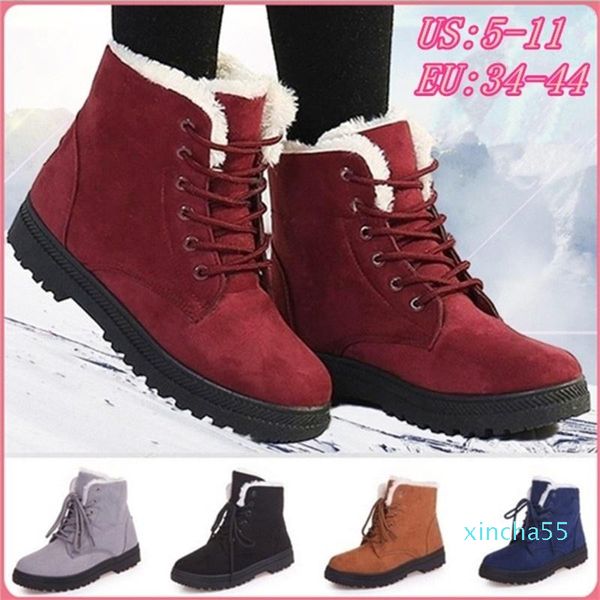 

boots ladies winter fur lined ankle snow women casual warm flat short booties shoes botas feminina platform plus size, Black