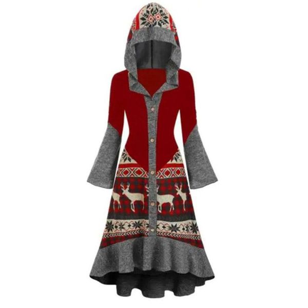 

casual dresses printed snowflake elk cloak dress with hat,short front long back for christmas party cosplay, Black;gray