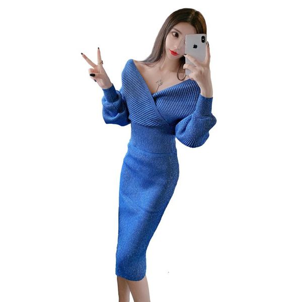 

two piece dress 2021 women sets long sleeve v neck shiny gold wire knitting sweater + waist skirt suits 2, White
