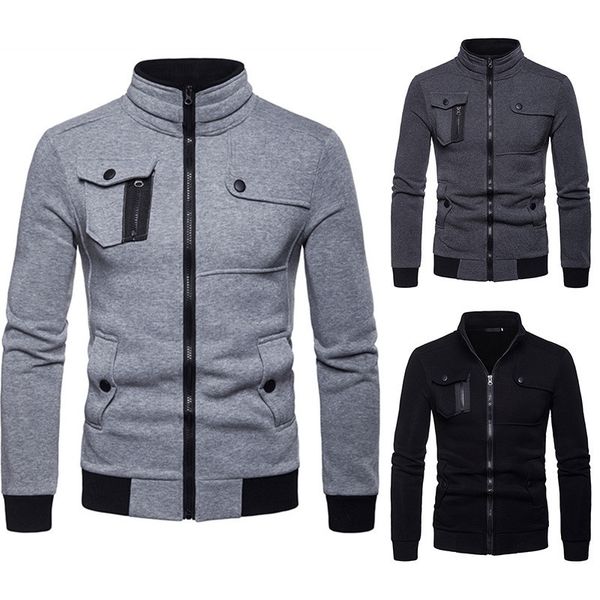 

hoodies & sweatshirts autumn winter new men's stand collar multi pocket sweater sports jacket cardigan, Black