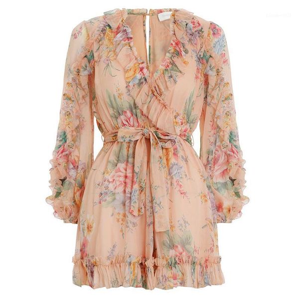 

women's jumpsuits & rompers women ruffles playsuit floral print high waist belted tunic, Black;white
