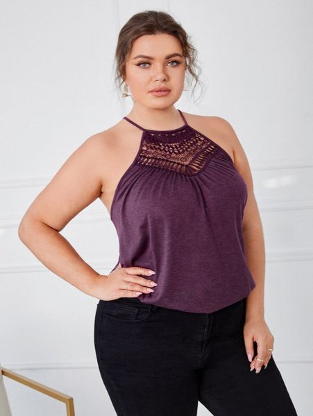 

plus contrast guipure lace keyhole back cami 62zk#, Black