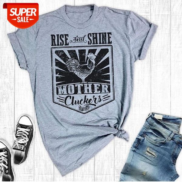 

sunfiz YF Funny Chicken Printed Women T Shirt Grey Loose Design Plus Size Tops Short Sleeve Rise And Shine Mother T Shirt Vogue #Ts8h, White