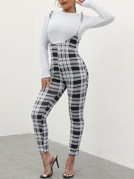 

sxy plaid print tie shoulder overall jumpsuit without tee 07oj#, White