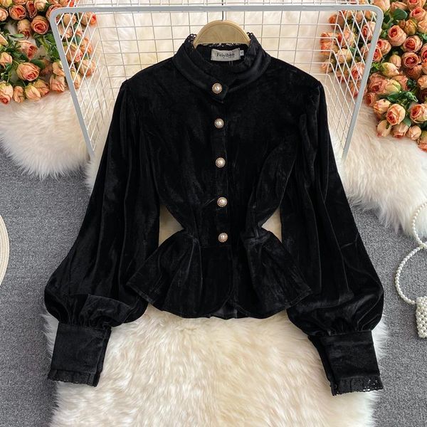 

women's jackets autumn and winter vintage court style lace stand collar silk shirt fashion waist-controlled slimming flounce short top, Black;brown