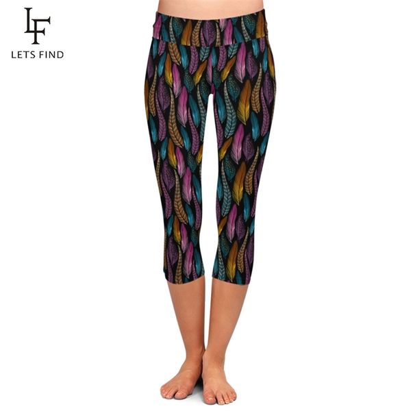 

letsfind plus size women colorful feathers milk silk print mid-calf pants high waist fashion fitness elastic leggings 210925, Black
