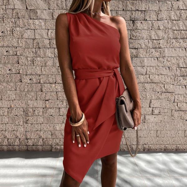 

casual dresses 40# for women 2021 office lady diagonal collar bandage summer dress solid color a dew shoulder tunic sundress vestidos, Black;gray