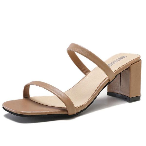 

elegant high heel slippers women 2021 summer outdoor square toe sandals ladies shoes fashion white khaki leather heeled slides, Black