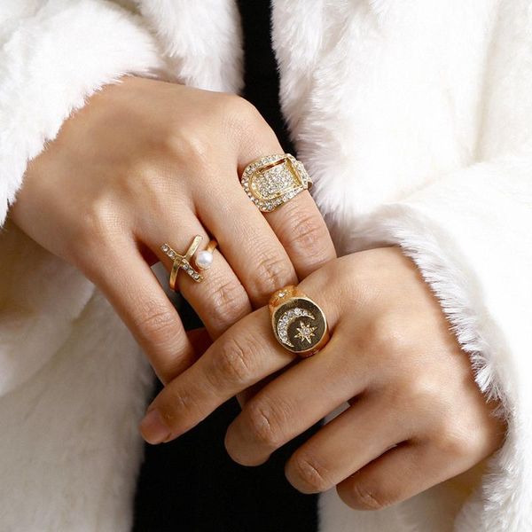 

cluster rings 3pcs/set bohemian gold vintage star moon beads crystal ring women charm joint party wedding fashion jewelry gifts, Golden;silver