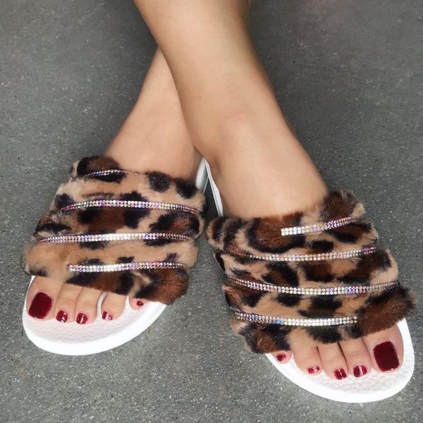 

slippers leopard women fashion casual sandals 2021 flat slides outdoor slipper rhinestone peep toe, Black