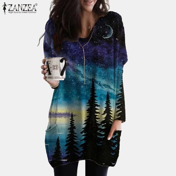 

plus size vintage printed long sleeve long zanzea autumn women blouse spring v neck loose shirt femme robe blusas tunic, White