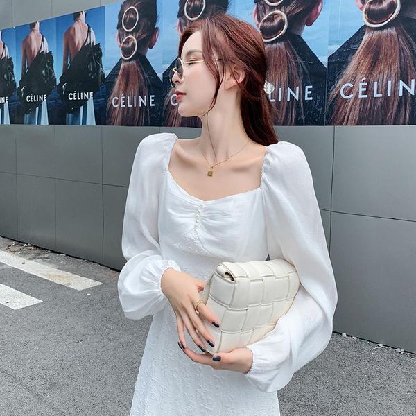 

casual dresses women korean white dress fashion autumn spring 2021 office lady long sleeve embroidery square collar high waist, Black;gray