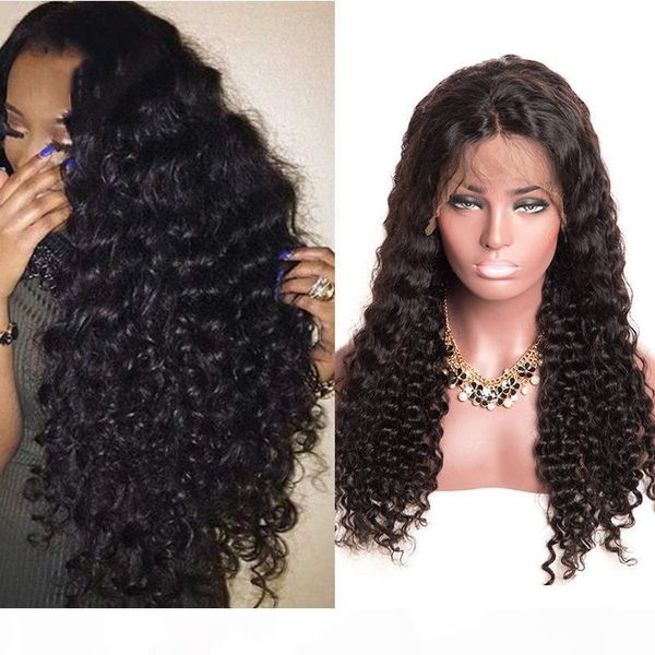 

lace front human hair wigs with baby hair deep curly brazilian virgin hair pre-plucked natural hairline lace front wigs for black women, Black;brown