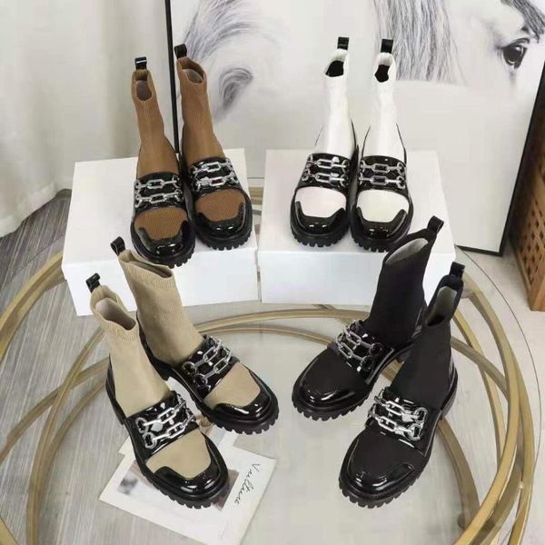

boots women sock autumn platform metal decoration chain wool elasticity designer shoes slip on patent leather botas femininas, Black