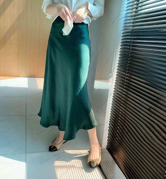

satin mermaid eleagnt high waist women skirt silk texture hanging down a line long vintage solid all match trumpet, Black