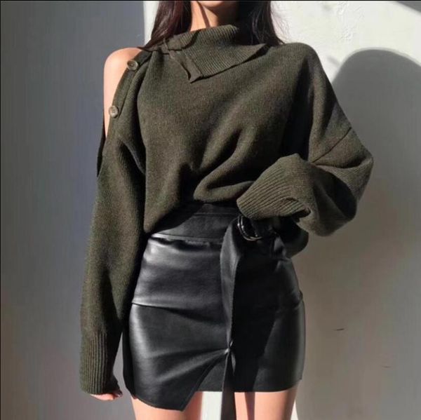 

women's sweaters 2021 autumn winter elegant women strapless turtleneck loose knitted pullovers female casual solid knitwear, White;black