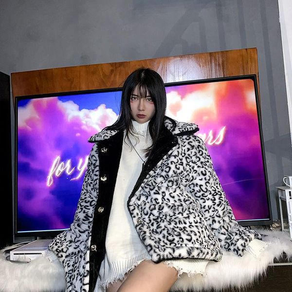 

women's fur & faux jacket women coat leopard print cotton-padded men's and loose winter veste femme, Black