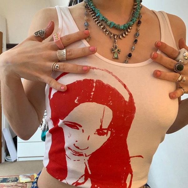 

women's tanks & camis women tank chic portrait print sleeveless round neck tee shirts casual clothes summer female ladies outfit, White