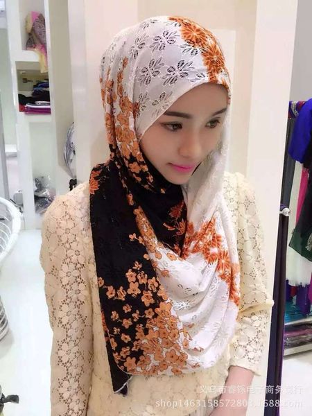 

head cap lace printed long gauze scarf hui ethnic hood, Blue;gray