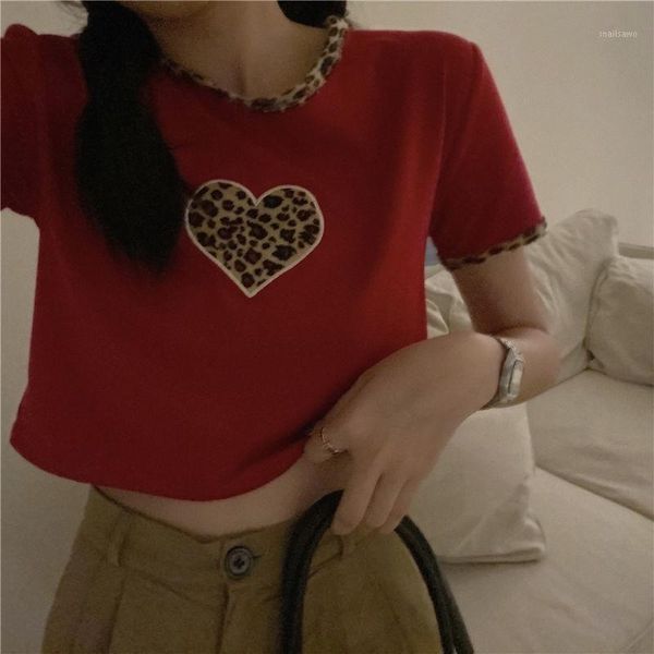 

summer vintage love leopard femme t-shirt harajuku korea short black gothic women tee clothing kawaii crop women's, White