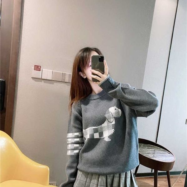 JuiceSnow Women Cartoon maglione lavorato a maglia maglione a righe con cucciolo di cane top modello maniche lunghe girocollo ragazza pullover 211011