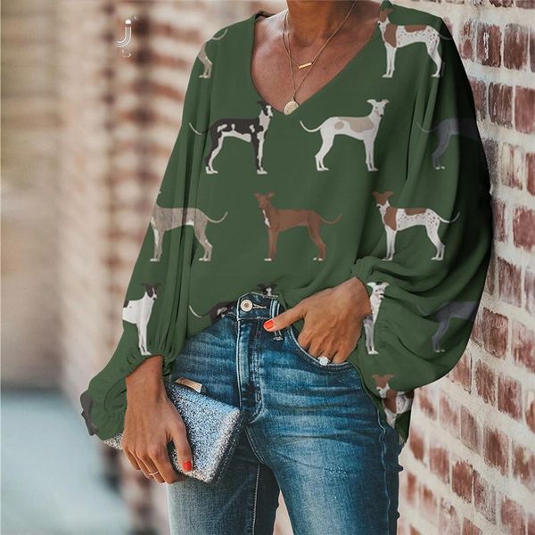 

women's blouses & shirts blusa feminina plus size women chiffon blouse cartoon greyhound dog print lady loose long sleeves clothes cas, White