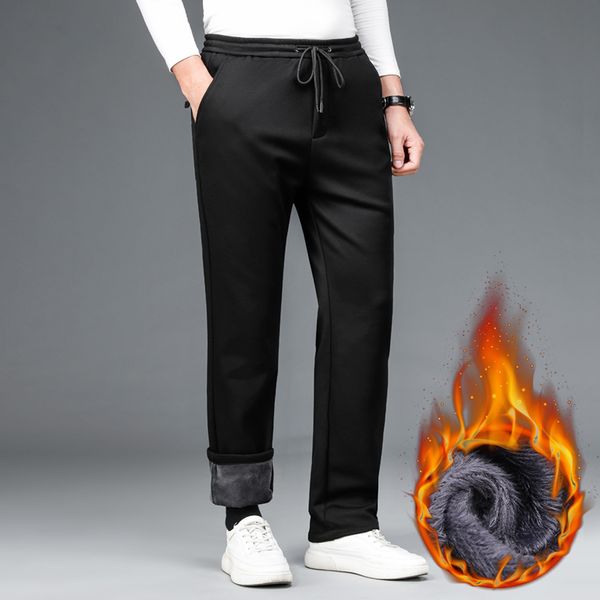 

2021 winter new men's fleece thick knitted elastic waist warm straight casual trousers male brand 7o8f, Black