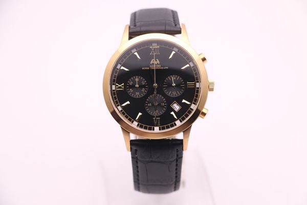 

men's quartz watch aehibo three eyes multifunction chronograph calendar brown dial gold stainless steel case belt fashion casual sports, Slivery;brown