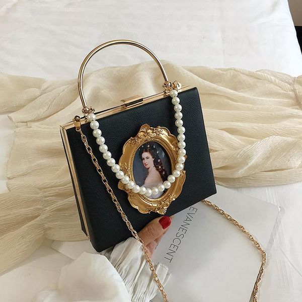 

shoulder bags vintage oil painting badge fashion pu pearl chain ladies party tote bag crossbody for women pouch handbag totes purse