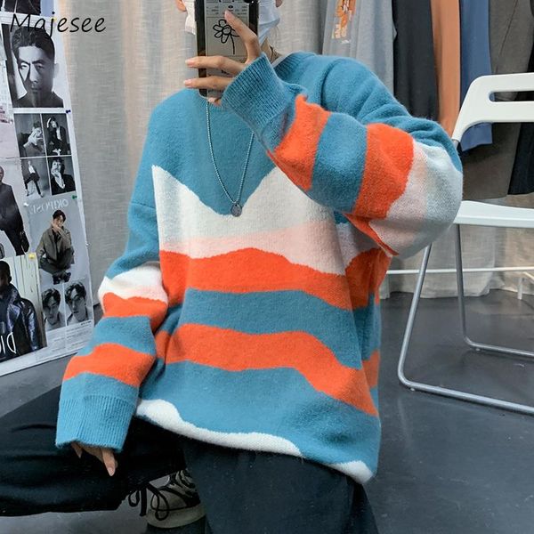 

men pullovers paneled sweaters harajuku couple cozy loose o-neck jumpers vintage design preppy student ins knitted streetwear, White;black