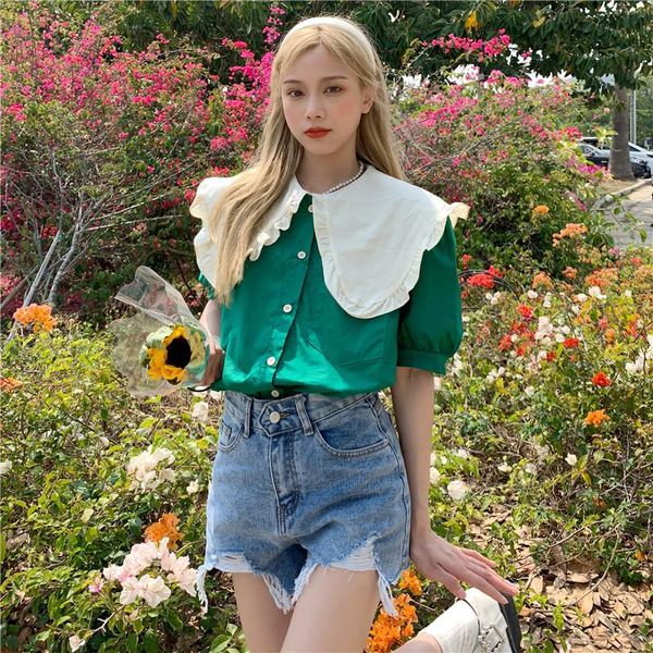 

women's blouses & shirts doll collar color matching puff sleeve all-match short-sleeved shirt blouse, White