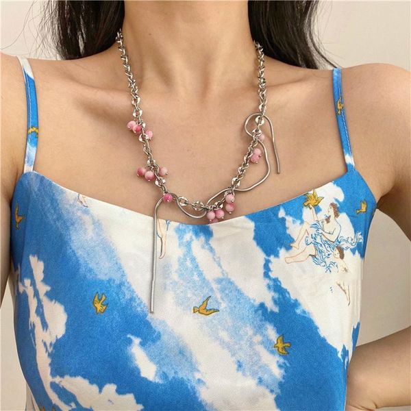 Anhänger Halsketten LOVOACC Süße rosa Farbe Steine für Frauen Silber klobige Kette lange Quaste Edelstahl Halsband Halskette Geschenk
