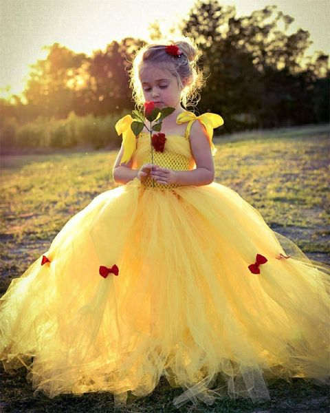 Mädchen Gelb Prinzessin Tutu Kleid Kinder Häkeln Tüll Blumenkleider Ballkleid mit Red Ribbon Bow Kinder Party Kostüm Kleider 210303