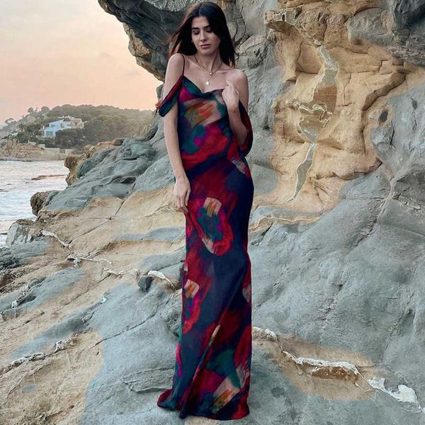 Sexy Femmes Boho Floral Vacances Longue Maxi Robe D'été Soirée Maille Robe D'été Vacances Spaghetti Strap A-ligne Robes Robes 210625