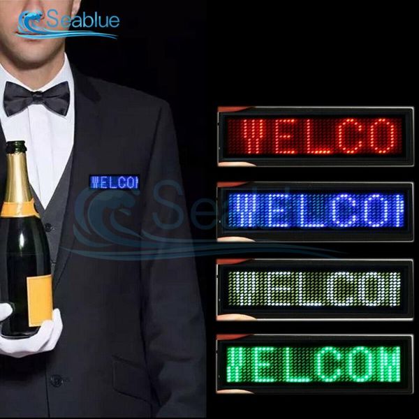 Decoração de festa Mini LED de exibição digital Recarregável Nome programável Crachá 15 Idiomas Módulo de sinal de marcha de rolagem durável