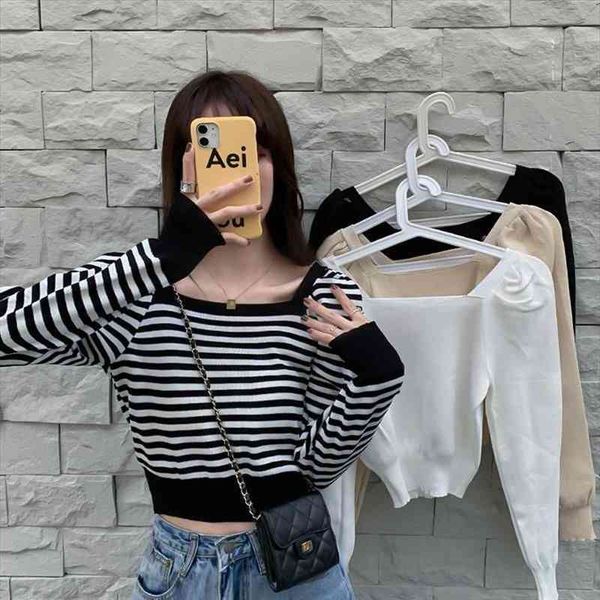 

woman striped square collar womens sweaters clothes long sleeve autumn winter puff sweater, White;black