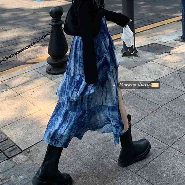 

tie-dye asymmetric skirt women's loose high waist long fashion 210529, Black