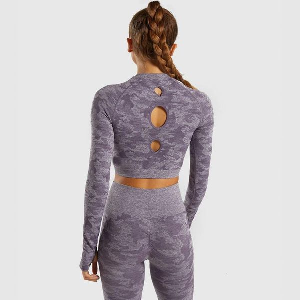 

yoga sports seamless workout clothes set camouflage long sleeve high waist women's sports t-shirt yoga clothing sportswear, White;red