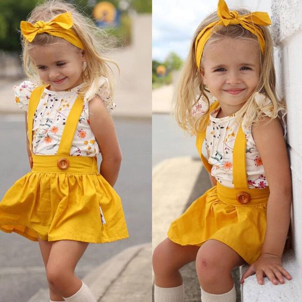 

clothing sets autumn and winter girls suit fashion 12m-4t solid color strap skirt + floral hair with three-piece trajes de ninas, White