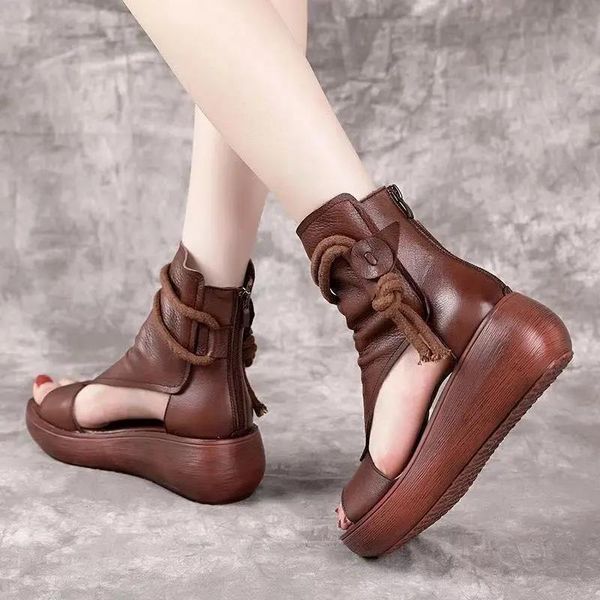 

boots fish mouth sandals women's summer vintage leather high casual thick bottom muffin slope heel roman, Black