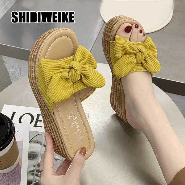 

beauty women wedge slippers suede bow platform shoes ladies slip-on open toe fashion thick bottom slippers va783 210611, Black