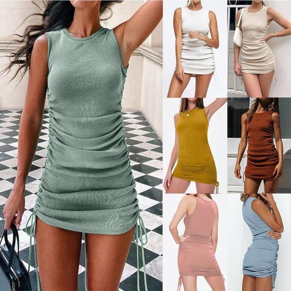 

casual dresses fashion women's mini dress summer solid color side drawstring hip fit sheath vest ladies high waist slim, Black;gray