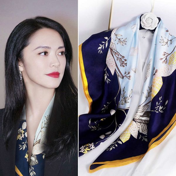 

south korean art decoration floral silk small square versatile scarf spring and summer su mingyu same lady shawl, Blue;gray