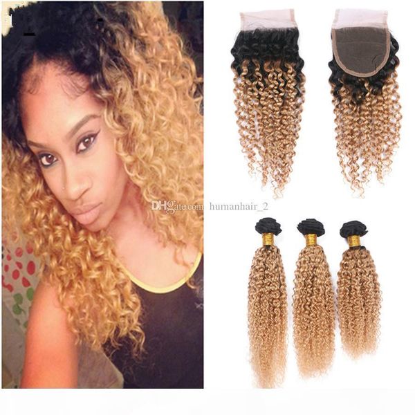 

ombre hair extensions #1b 27 honey blonde ombre dark root human hair 3pcs with lace closure two tone afro kinky curly hair weave, Black;brown