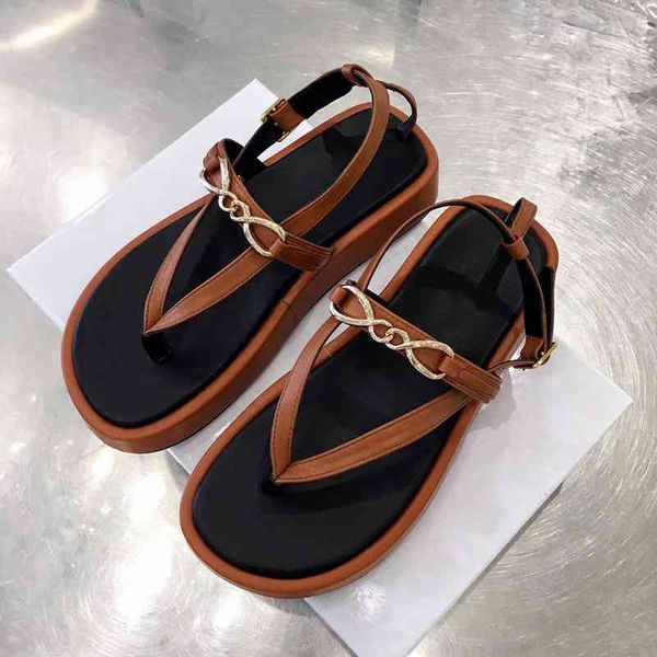 

80% off store online summer flat sandals women real leather narrow band metal chain split toe platform shoes thick sole comfort vacation lad, Black
